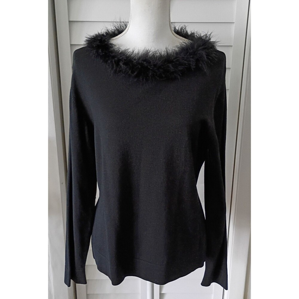 August Silk Black Feather Collar long‎ sleeve women's sweater XL